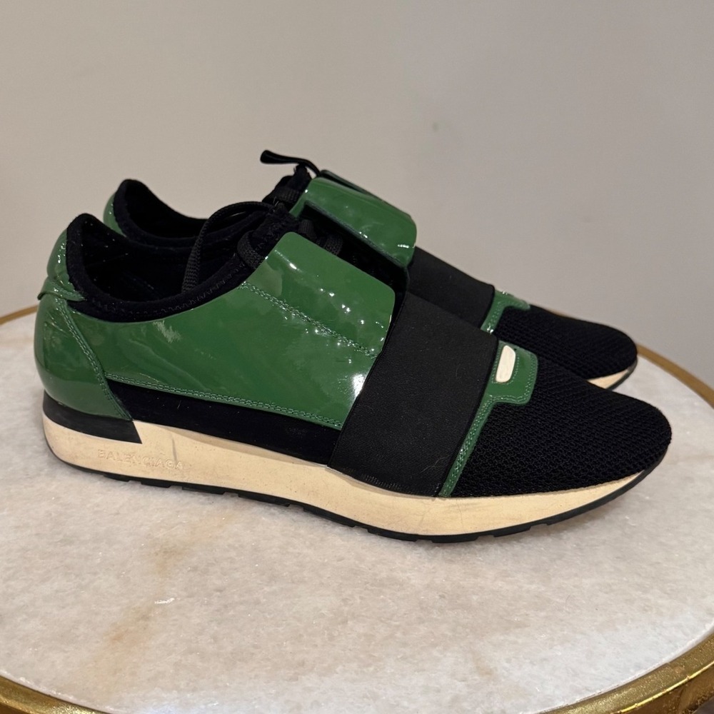 Balenciaga Race Runner Green Patent‎ Leather Mesh Sneakers, Men's 40